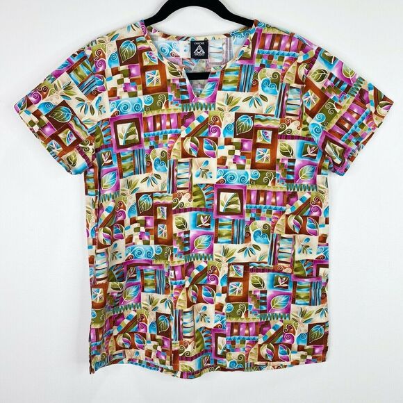 Cherokee Studio Floral Plant Patterned Scrub Top Shirt Size XS - Picture 1 of 6